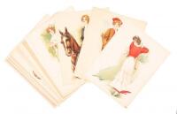 Twelve chromolithograph plates by Maud Stumm, one featuring a lady at golf