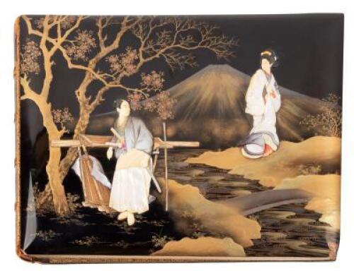 Japanese lacquer photograph album with mounted bone & mother of pearl relief images, presented by Mrs. Leland Stanford to her attorney