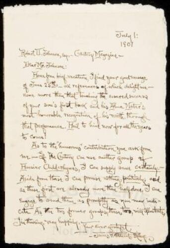 Autograph Letter Signed by James Whitcomb Riley, to Robert U. Johnson at Century Magazine