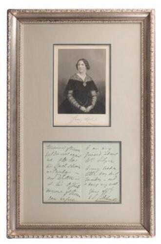 Signed portrait of Swedish Opera singer Jenny Lind, framed with a portion of a manuscript letter