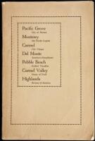 Pacific Grove, city of homes; Monterey, old Pacific capital; Carmel, city unique; Del Monte, America's sweetheart; Pebble Beach, golfers' paradise; Carmel Valley, home of fruit; Highlands, Riviera of America (wrapper title)