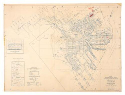 Map of San Francisco Bay Naval Shipyard Hunters Point Division showing conditions on June 30, 1965 except soundings as of 15 Oct 64...