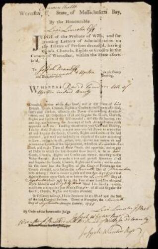 Probate document, signed by Levi Lincoln