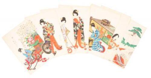 Seven leaves of Japanese woodblock prints