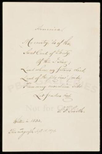 Autograph manuscript of "America", signed by S.F. Smith