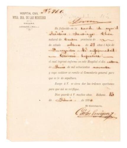 Death certificate for a Chinese indentured servant in Cuba