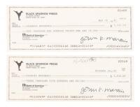 Two checks from Black Sparrow Press to Charles Bukowski, signed by Bukowski and John Martin