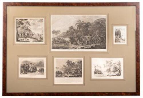 Six engravings depicting the Death of Captain James Cook, matted and framed together