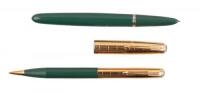 Parker 51 Vacumatic Fountain Pen and Propelling Pencil Pair, Nassau Green, 16K Gold-Filled "Heritage" Window Pane Caps