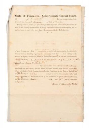 Original court documents about the Tennessee sale of an "unruly" slave