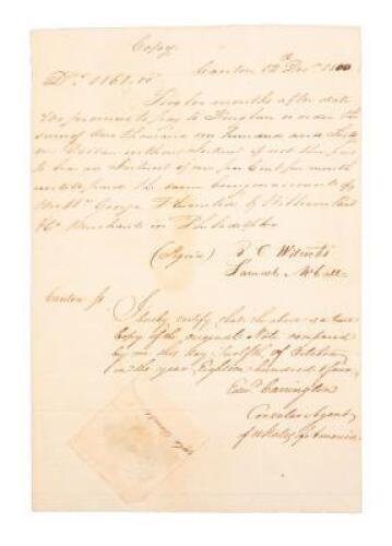 Contemporaneous certified manuscript copy of a promissory note obligating Benjamin Wilcocks and Samual MCall to pay Chinese merchant King Luan $1,161.00