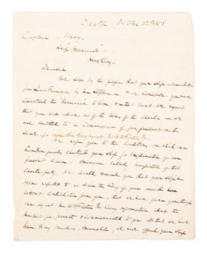 Letter from the merchant house of Russell & Co. in Canton, to Captain Samuel Very, Jr., of the clipper Hurricane, about to sale from Hong Kong to San Francisco