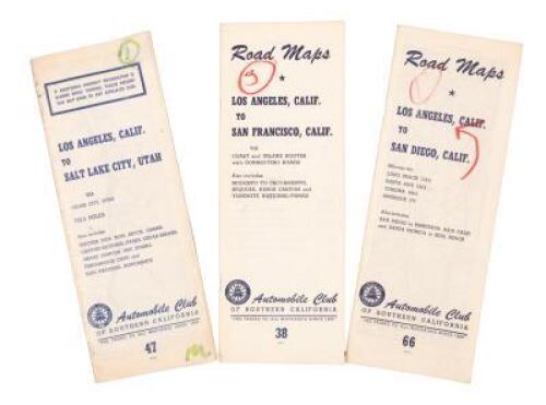 Three road map booklets for routes from Los Angeles, with maps descriptions of the towns and their hotels and camps along the way