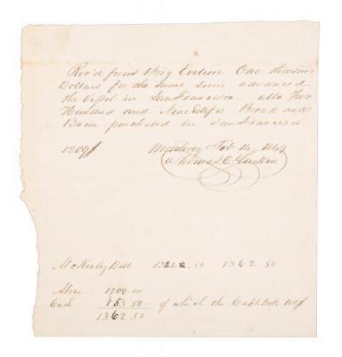 Manuscript receipt signed by Thomas O. Larkin, for $1,209 from the Brig Eveline in repayment