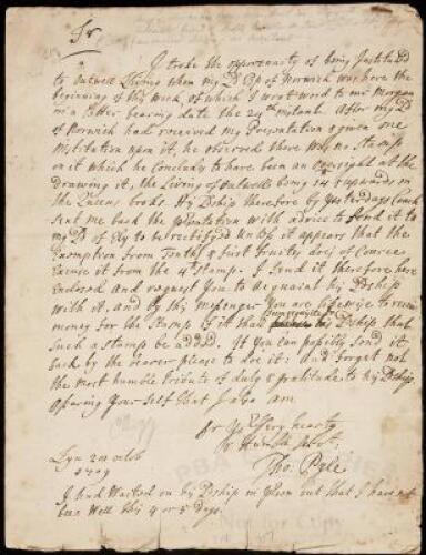 Autograph Letter Signed by Thomas Pyle to the secretary of John Moore, Bishop of Ely