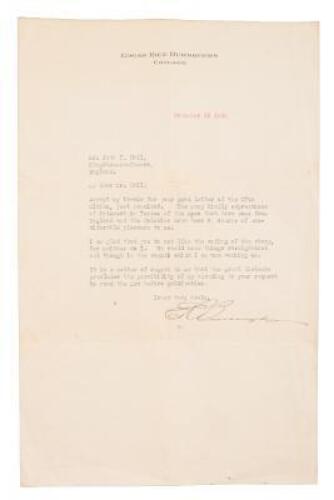 Letter from Edgar Rice Burroughs to a fan of the just-published Tarzan of the Apes (in The All-Story magazine), admitting he did "not like the ending of the story" and referring to the sequel he was writing