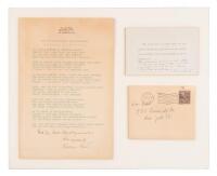 Autograph note signed by Albert Einstein, with an envelope addressed by him and a birthday poem written for him