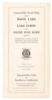 Automobile Road Map from Mono Lake to Lake Tahoe and Feather River Region: Showing resorts, camp sites, fishing streams, lakes, mountain peaks, and trails