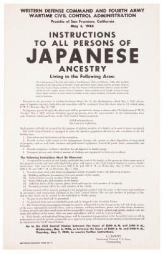 Printed poster instructing persons of Japanese ancestry in San Francisco to report to the Civil Control Station at 1530 Buchanan Street