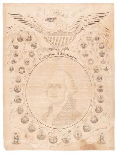 Lithographed Declaration of Independence in calligraphy that forms a portrait of George Washington, with a border of 36 state seals