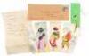 Three bookmark envelopes with woodblock art and 1 bookmark painted on silk