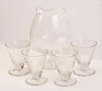 Set of four vintage cordial glasses with pitcher all etched with golf vignettes