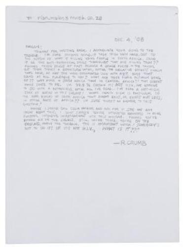 R. Crumb Handwritten Letter, 2008
