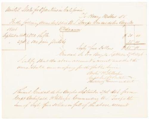Manuscript receipt for arms purchased in Los Angeles during the occupation by U.S. troops, just before they were forced to capitulate by rebellious Californios