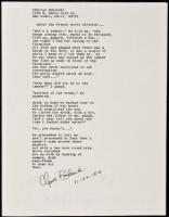 &ldquo;about the French movie director&hellip;&rdquo; - manuscript poem signed by Charles Bukowski