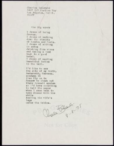 "the big score" - manuscript poem signed by Charles Bukowski