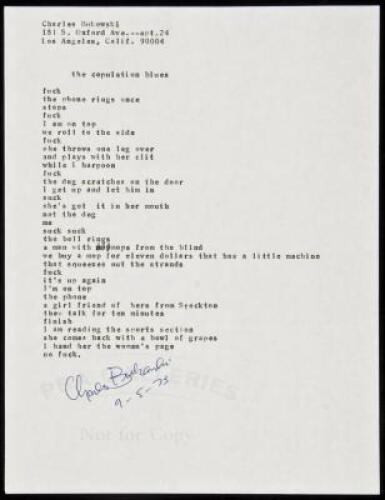 "the copulation blues" - manuscript poem signed by Charles Bukowski