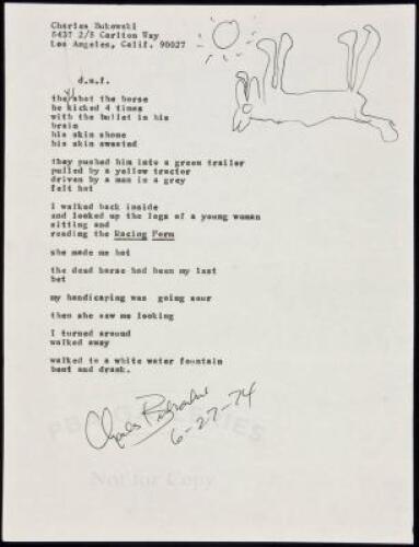 "d.n.f." - manuscript poem signed by Charles Bukowski