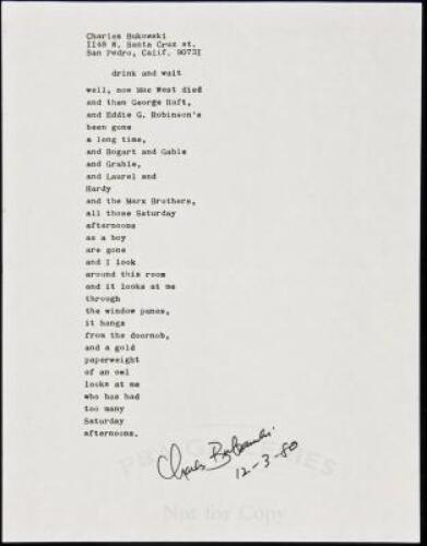 “drink and wait” - manuscript poem signed by Charles Bukowski