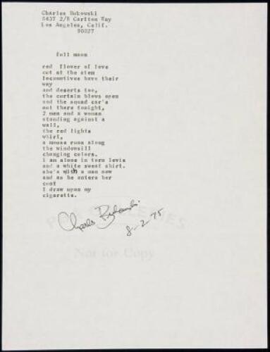 "full moon" - manuscript poem signed by Charles Bukowski