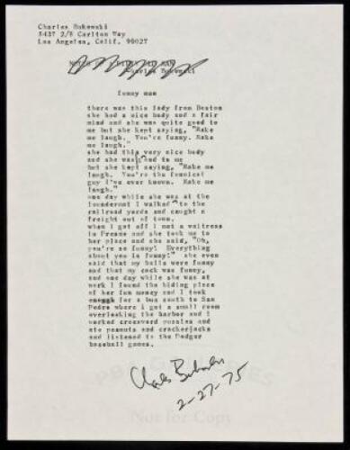 "funny man&rdquo; - manuscript poem signed by Charles Bukowski