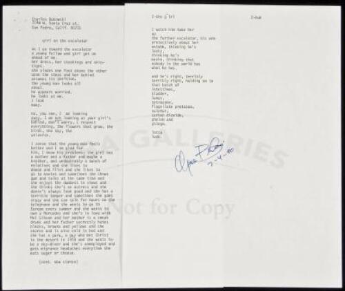 &ldquo;girl on the escalator&rdquo; - manuscript poem signed by Charles Bukowski