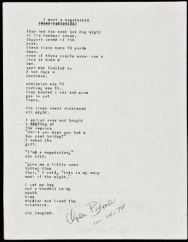 "I meet a vegetarian” - manuscript poem signed by Charles Bukowski