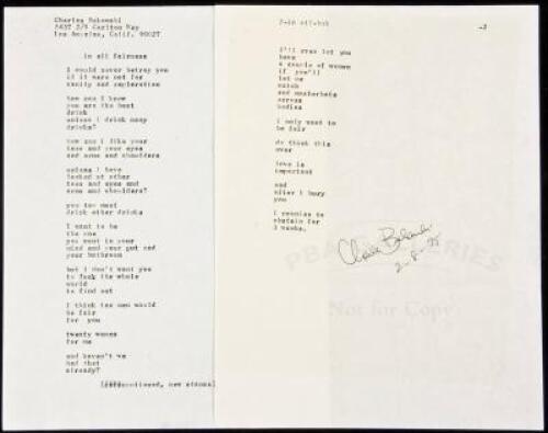 "in all fairness” - manuscript poem signed by Charles Bukowski