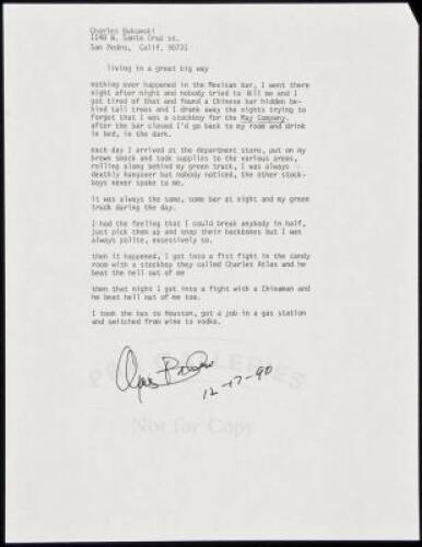 “living in a great big way” - manuscript poem signed by Charles Bukowski