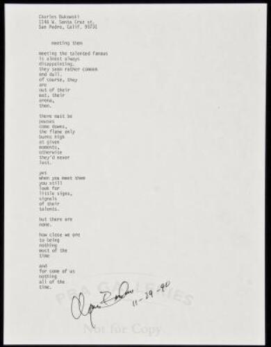 "meeting them" - manuscript poem signed by Charles Bukowski