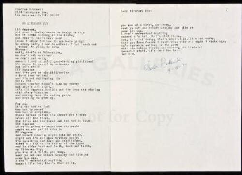 "MY LITERARY FLY" - manuscript poem signed by Charles Bukowski