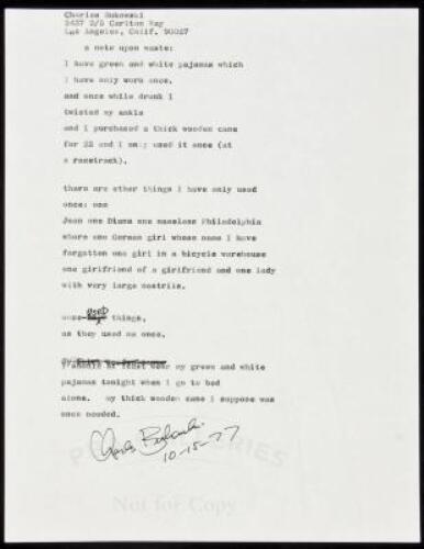 "a note upon waste” - manuscript poem signed by Charles Bukowski