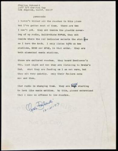 "panasonic” - manuscript poem signed by Charles Bukowski