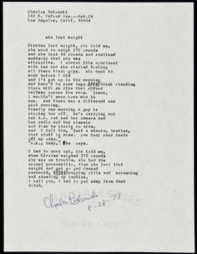 "she lost weight” - manuscript poem signed by Charles Bukowski