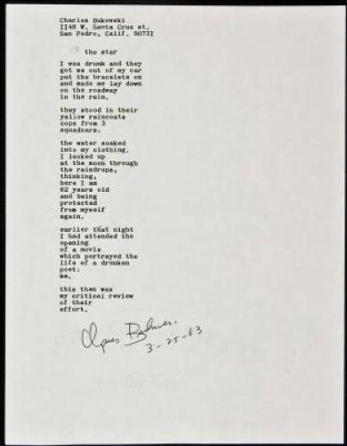 "the star" - manuscript poem signed by Charles Bukowski