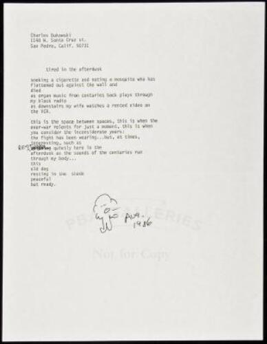 "tired in the afterdusk" - manuscript poem by Charles Bukowski with a drawing