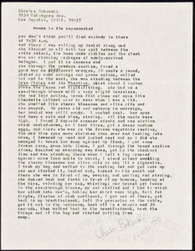 “woman in the supermarket” - manuscript poem signed by Charles Bukowski