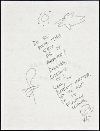 Autograph letter signed by Bukowski with his initial, and with 3 sketches, to a publisher