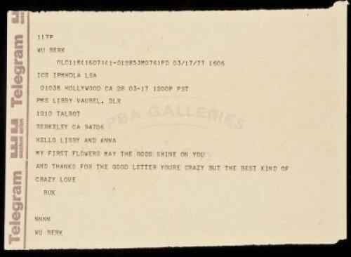 Telegram from Bukowski to Libby Vaubel