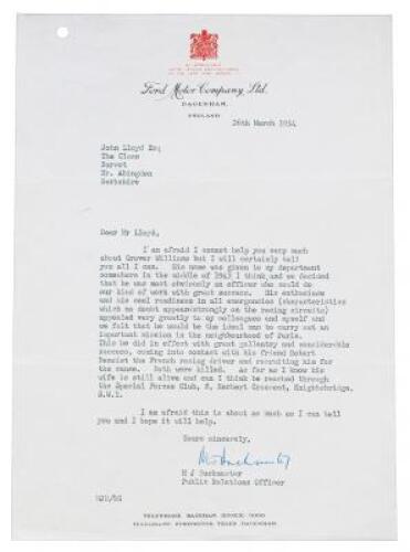 Typed Letter Signed as Public Relations Officer, Ford Motor Company England